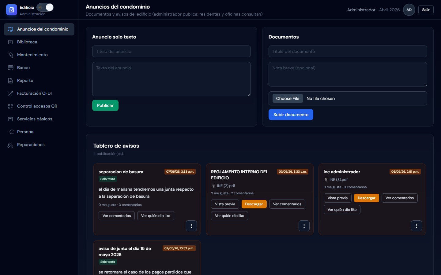 Anuncios del condominio con documentos y avisos